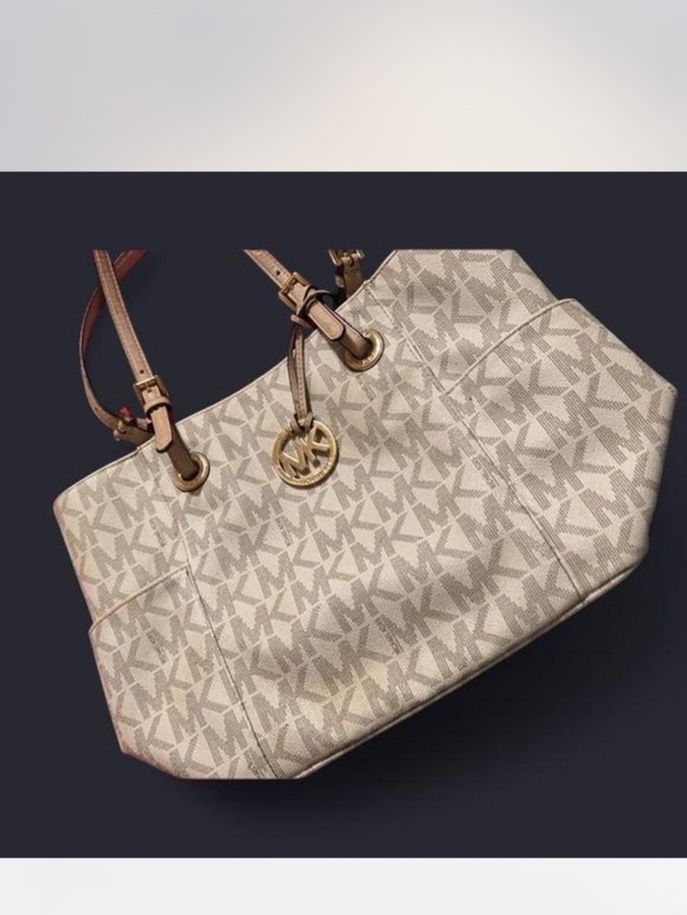 Michael Kors Neutral Signature MK Logo Tote with Gold Charm